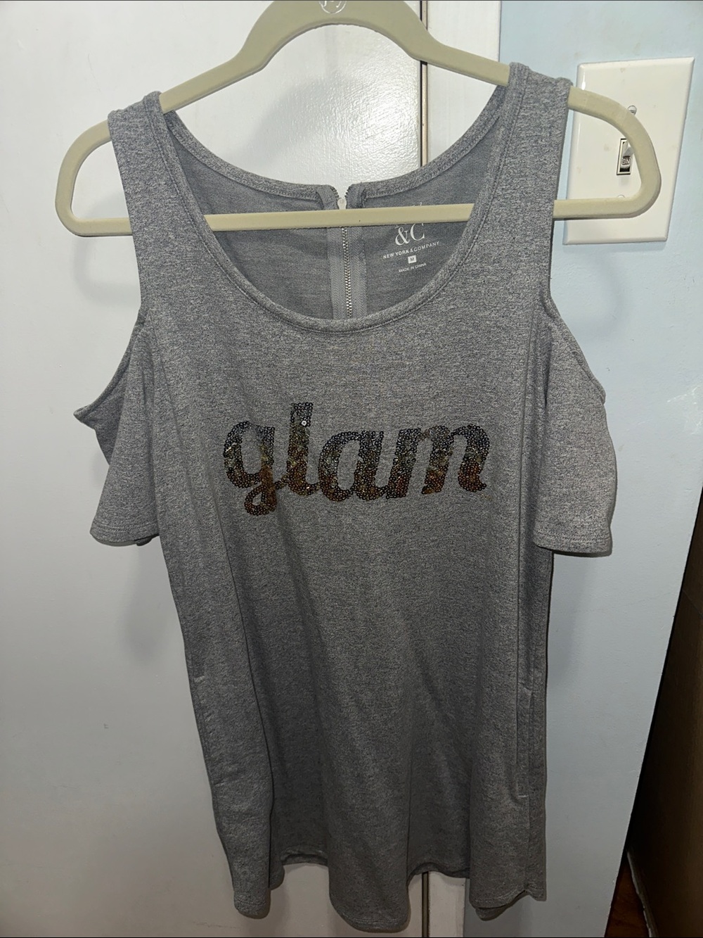 Gray Dress with Off the Shoulder sleeves with Sequin 'glam' Script - M